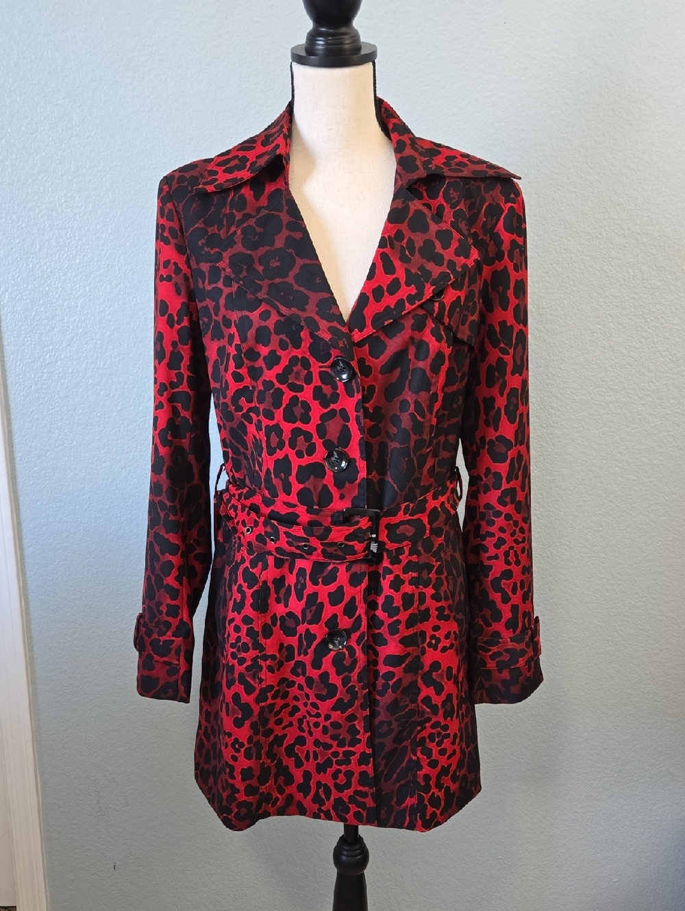 CACHE Vintage Red & Black Leopard Animal Print Belted Trench Coat Sz Medium Y2K